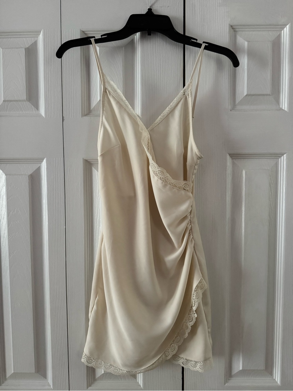 Urban Outfitters Cream Margaux Satin Wrap Lace-Trim Slip Mini Dress